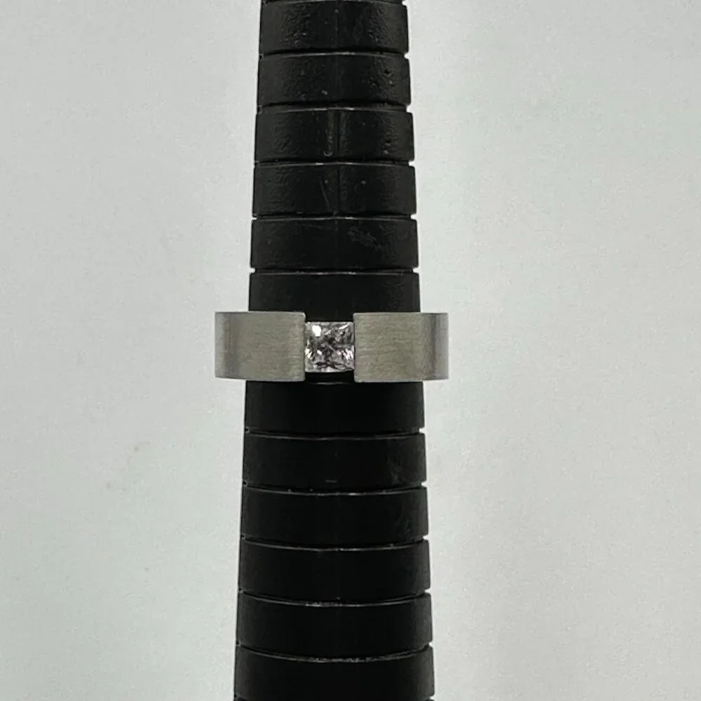 Stainless Steel Ring Size 6.5 Channel Set Clear Princess Cut Stone Modern Band - Picture 3 of 10